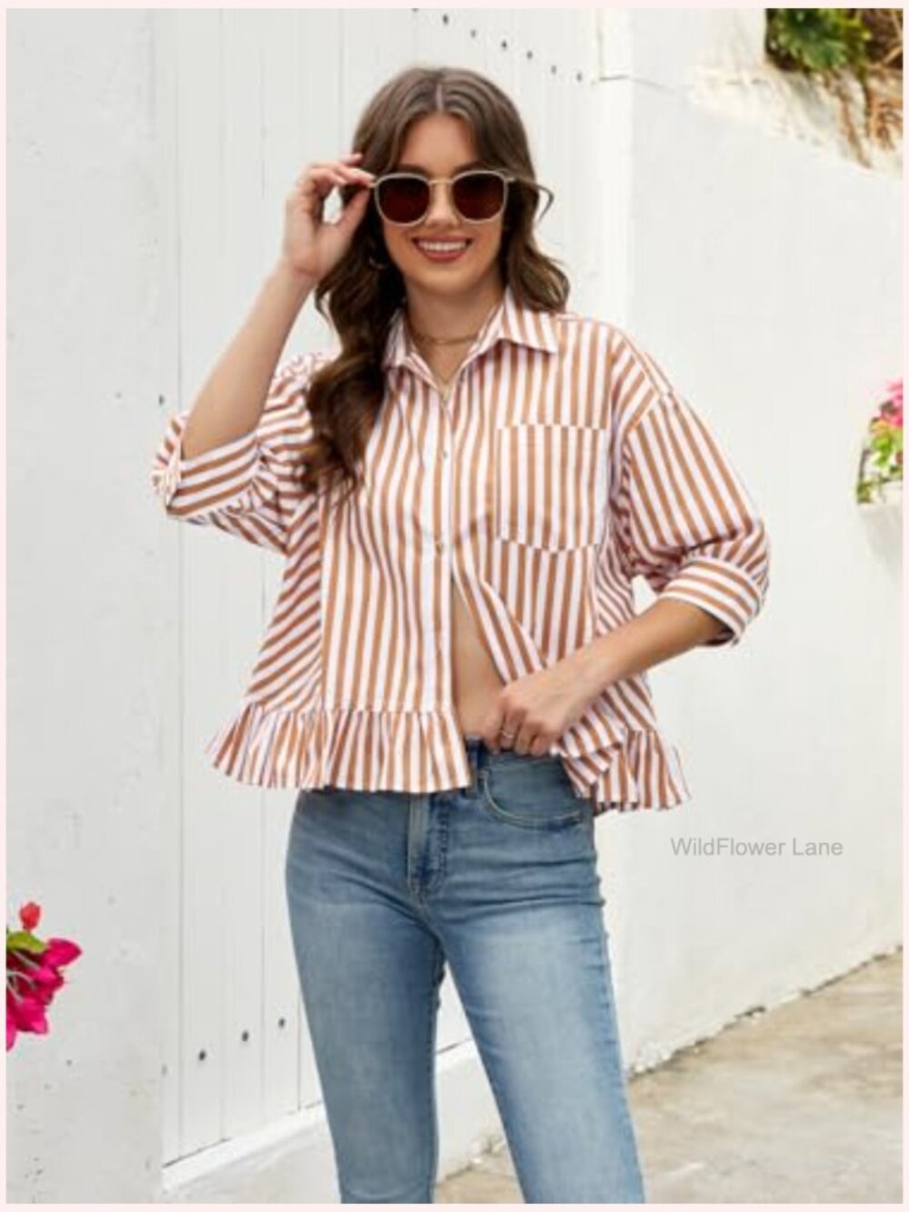 Cropped Striped Button Down Shirt Half Sleeve Ruffle Bottom V Neck Blouse Top - Picture 2 of 7